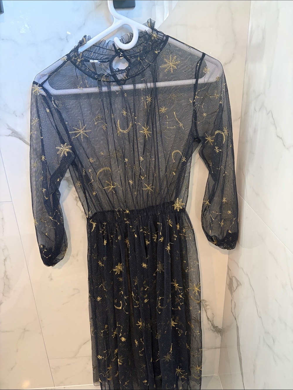 Sheer Navy Midi Dress with Gold Star & Moon Embroidery